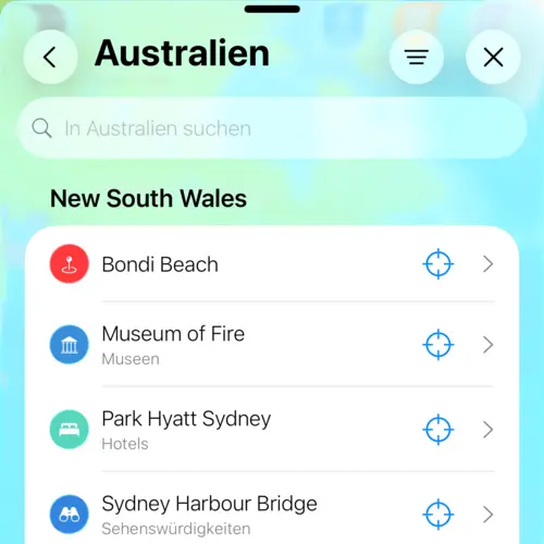 Ansicht mit den Orten in Australien in meinen Orten