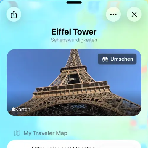 Ansicht mit den Details des Eiffelturms und der Look Around-Vorschau