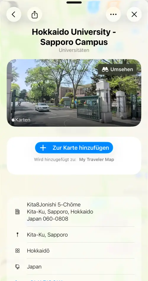 Ansicht mit den Details der Hokkaido-Universität und der Look Around-Vorschau