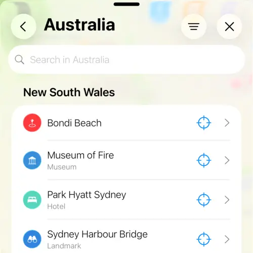 View showing the places in Australia in my places