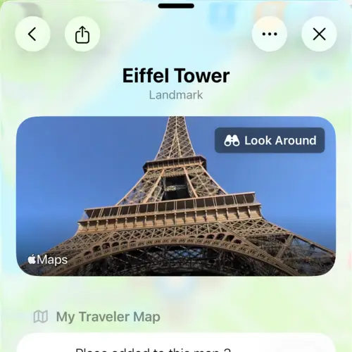 View showing the details of the Eiffel Tower with the Look Around preview
