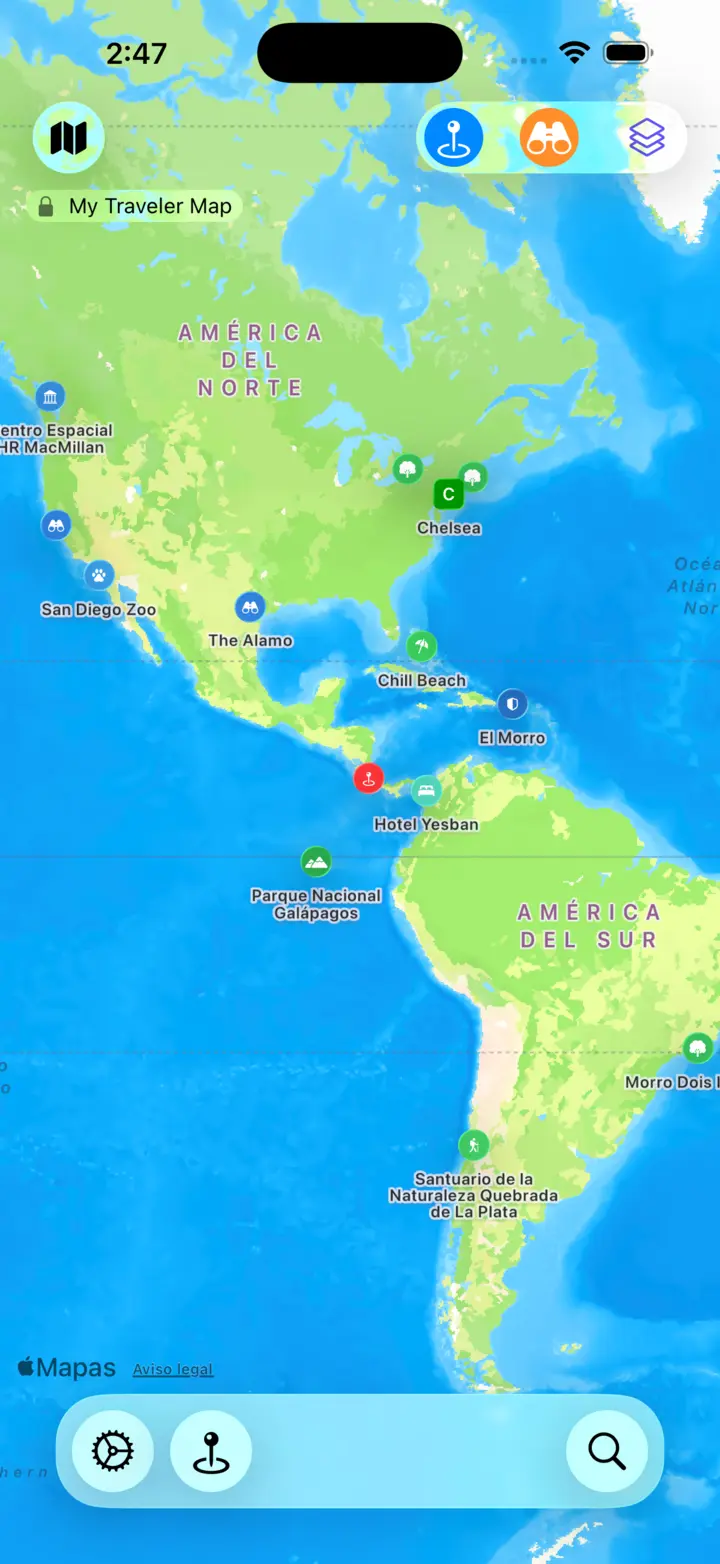 Vista del mapa con lugares guardados