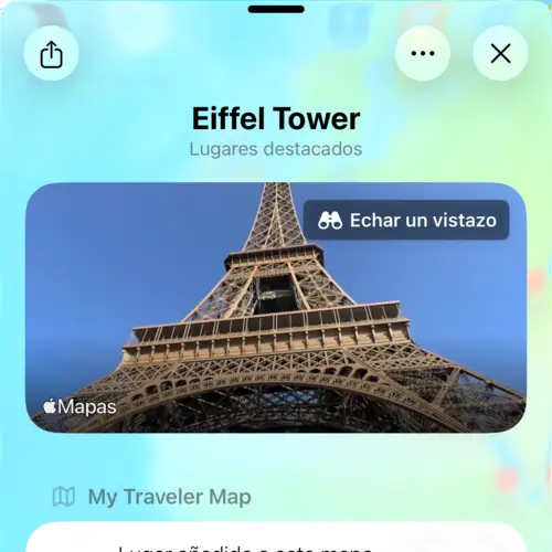 Vista mostrando los detalles de la Torre Eiffel con la vista previa Look Around