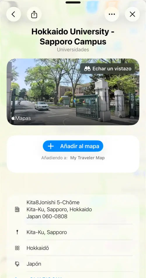 Vista mostrando el detalle de la Universidad de Hokkaido con la vista previa Look Around