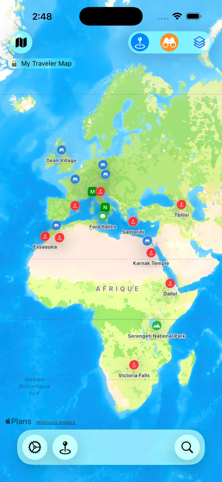 Vue de la carte avec les lieux sauvegardés