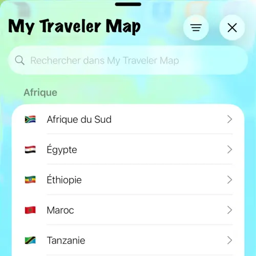 Vue montrant les pays dans mes lieux