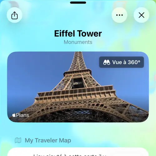 Vue montrant les détails de la Tour Eiffel avec l'aperçu Look Around