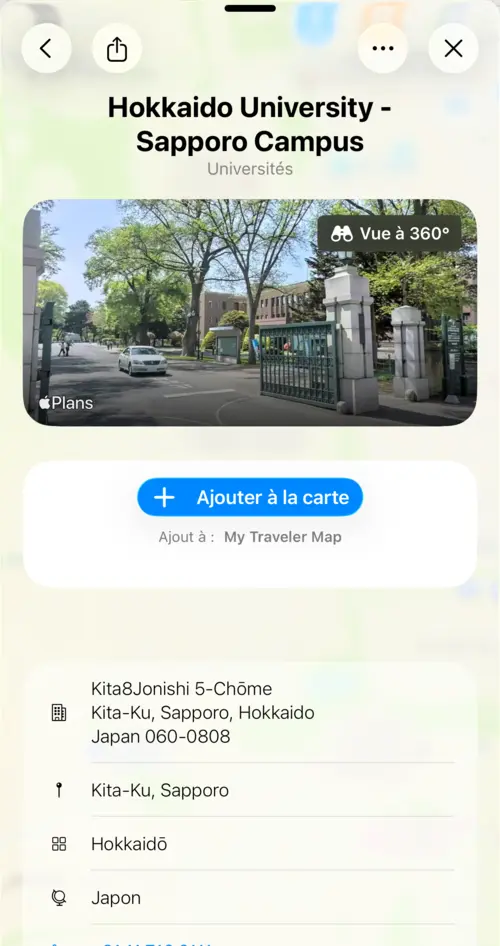 Vue montrant les détails de l'Université de Hokkaido avec l'aperçu Look Around