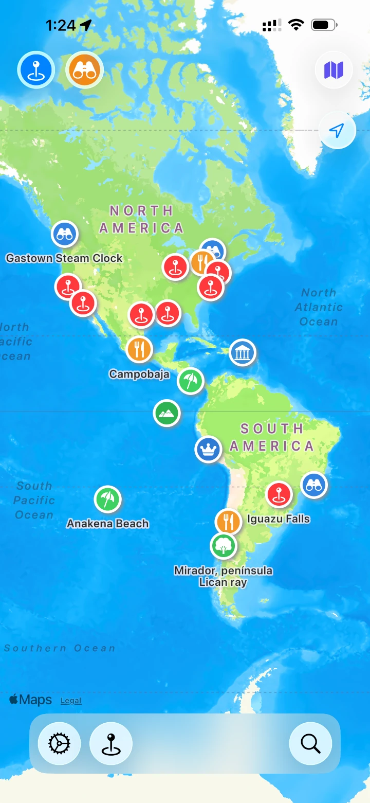 Map view showing saved places across the Americas