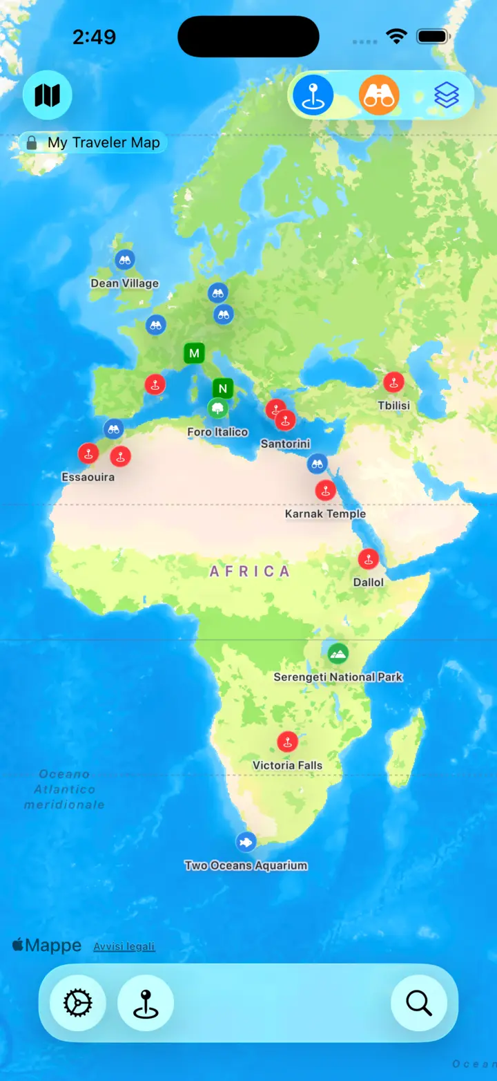 Vista della mappa con i luoghi salvati