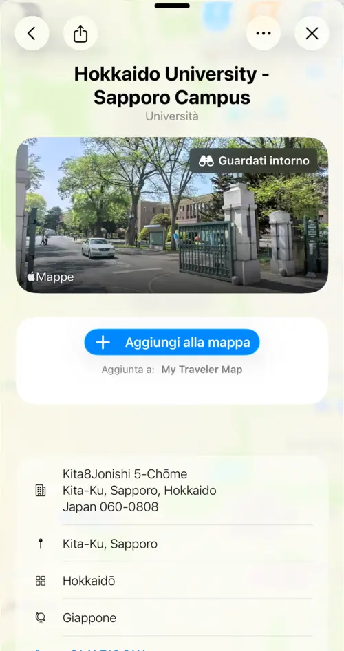 Vista che mostra i dettagli dell'Università di Hokkaido con l'anteprima Look Around