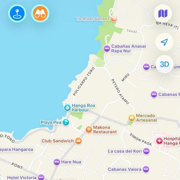 Mappa che mostra punti di interesse a Hanga Roa, Rapa Nui (Isola di Pasqua), Cile