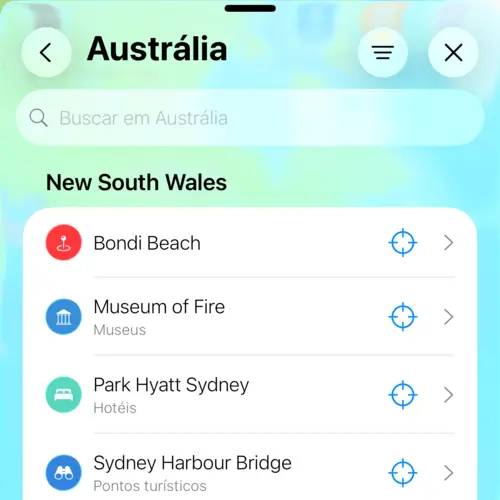 Vista mostrando os lugares na Austrália nos meus lugares